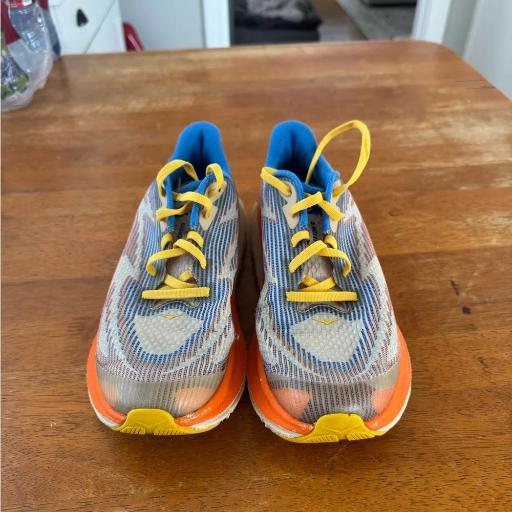 Hoka Clifton 9 Kids Sneakers - Blue, Orange, and Yellow - Picture 2 of 5